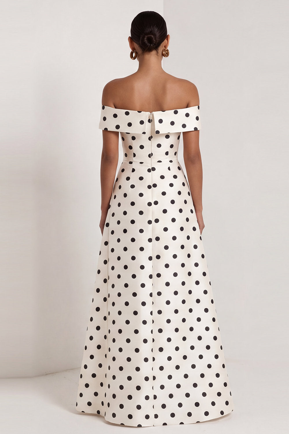 A Line Black and White Polka Dots Long Formal Dress with Slit