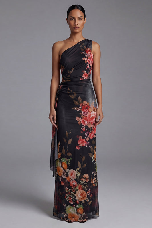 Black Sheath Floral Maxi Ruched Beach Wedding Guest Dress