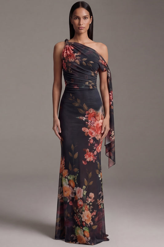 Floral Ruched Maxi Black Mermaid Beach Wedding Guest Dress
