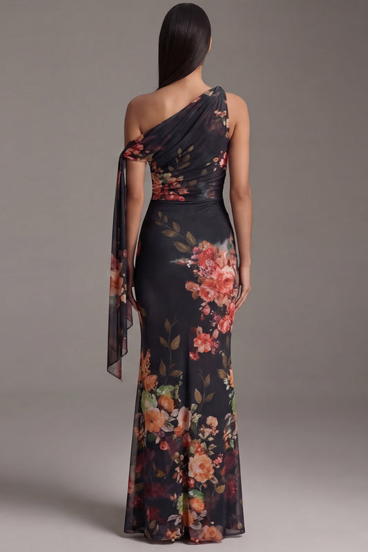Floral Ruched Maxi Black Mermaid Beach Wedding Guest Dress