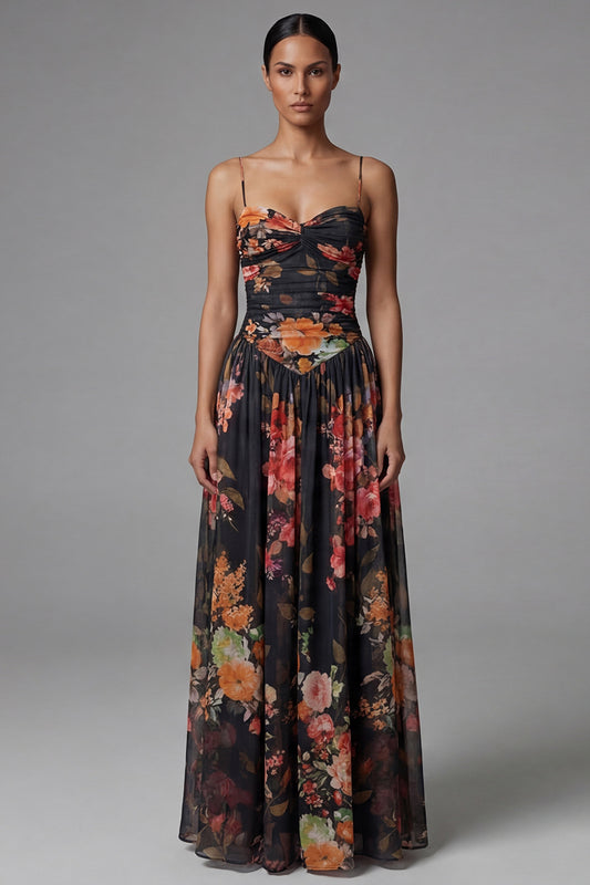 A Line Floral Spaghetti Straps Maxi Black Beach Wedding Guest Dress