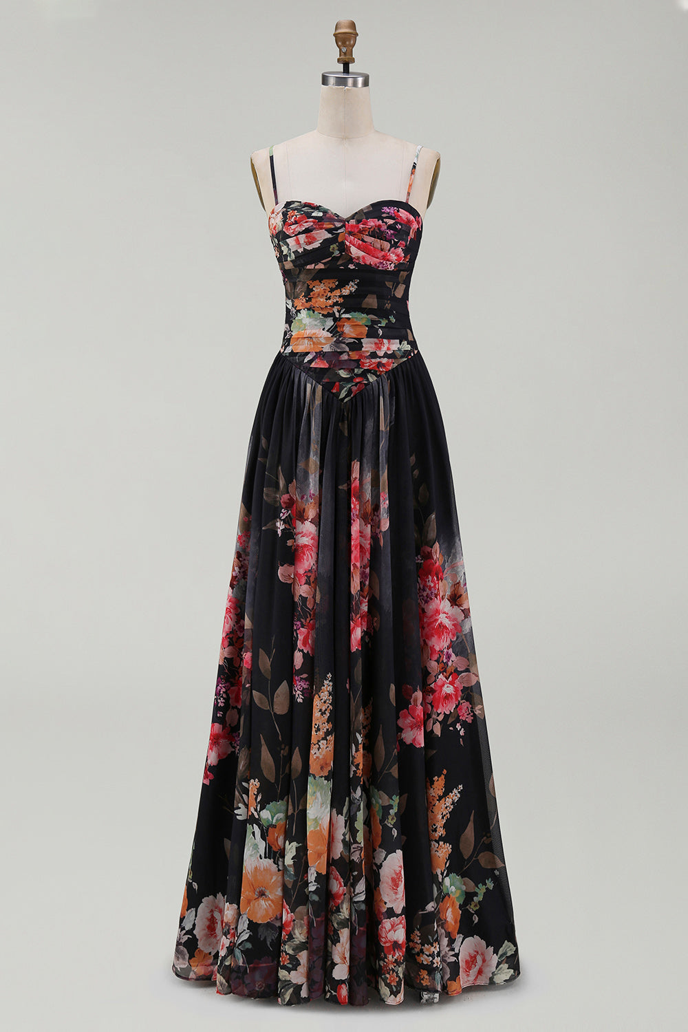A Line Floral Spaghetti Straps Maxi Black Beach Wedding Guest Dress