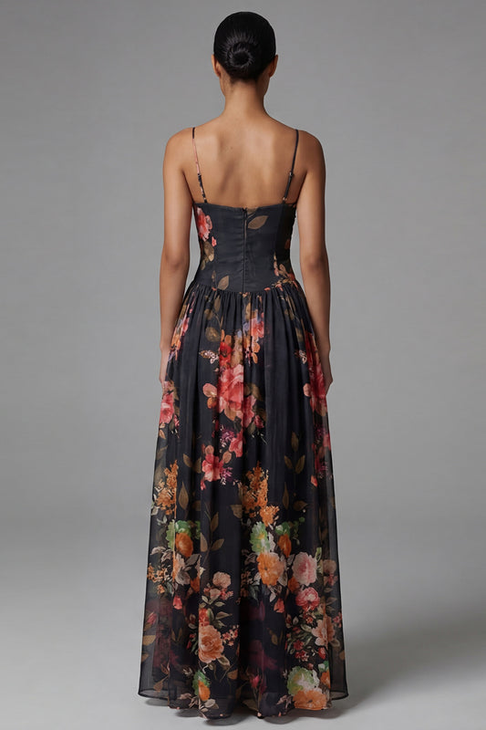 A Line Floral Spaghetti Straps Maxi Black Beach Wedding Guest Dress