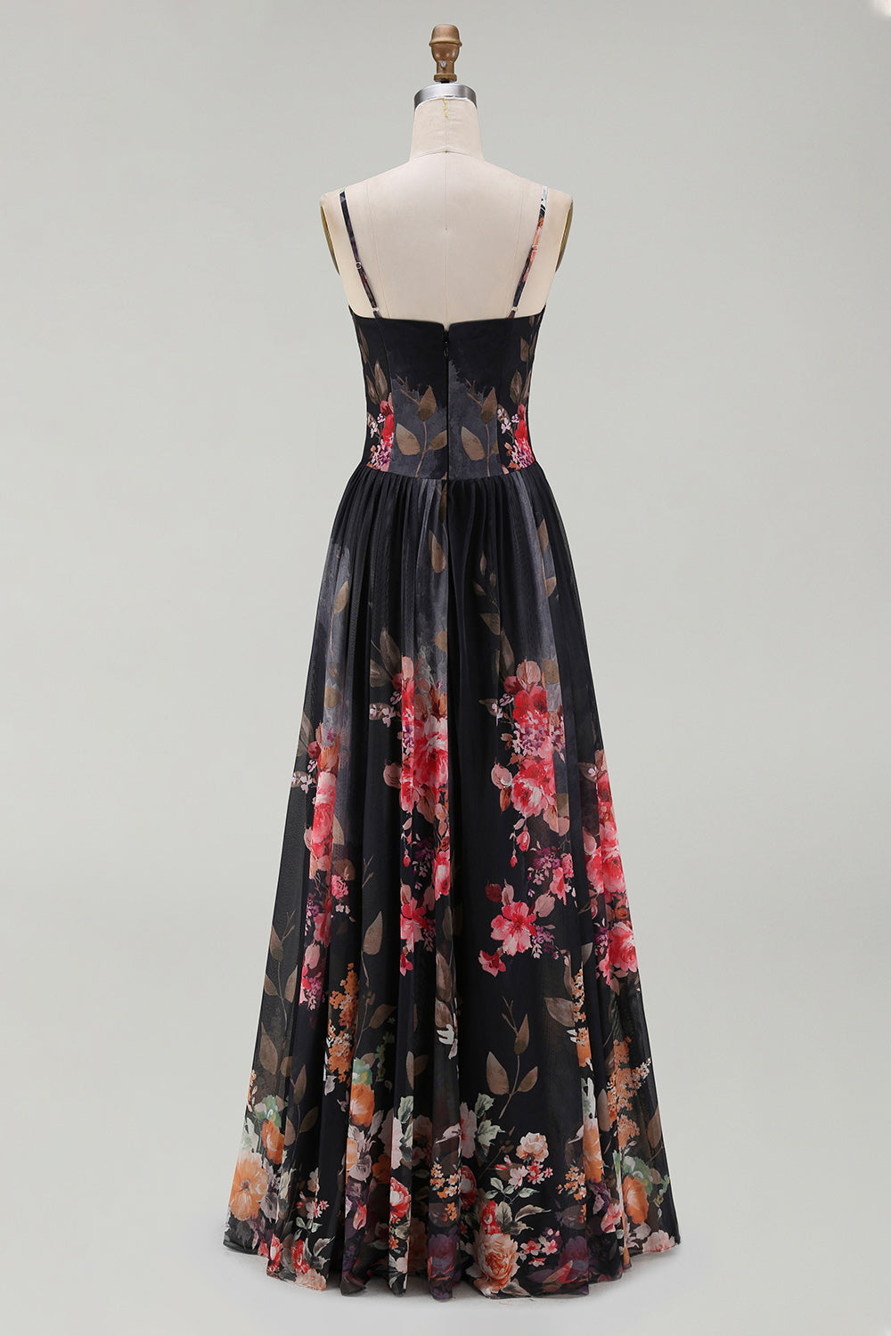A Line Floral Spaghetti Straps Maxi Black Beach Wedding Guest Dress