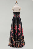 A Line Floral Spaghetti Straps Maxi Black Beach Wedding Guest Dress