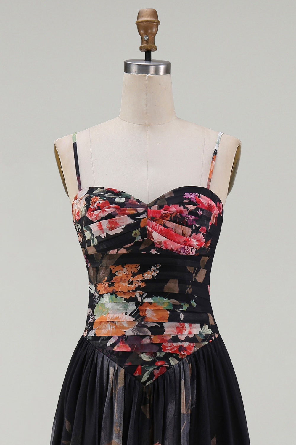 A Line Floral Spaghetti Straps Maxi Black Beach Wedding Guest Dress