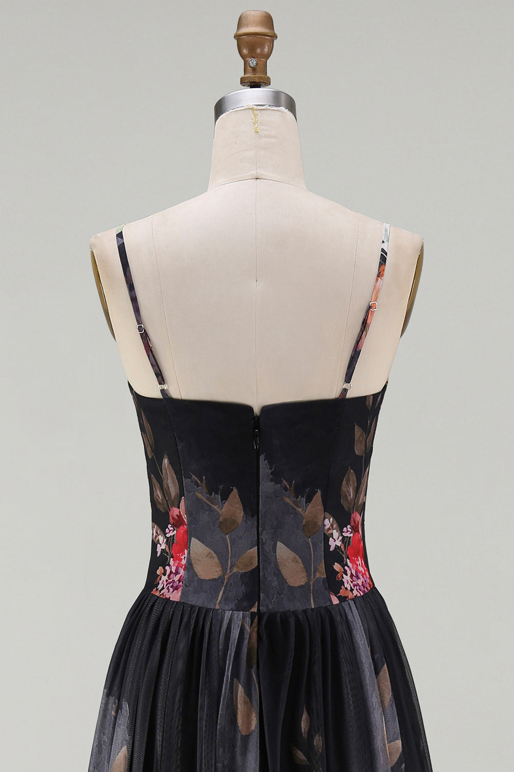 A Line Floral Spaghetti Straps Maxi Black Beach Wedding Guest Dress
