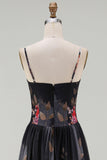 A Line Floral Spaghetti Straps Maxi Black Beach Wedding Guest Dress