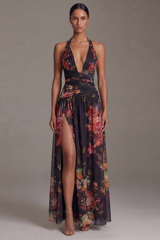Black A Line Floral Halter Maxi Beach Wedding Guest Dress with Slit