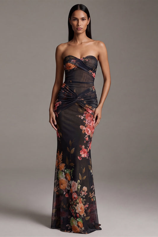Floral Strapless Mermaid Black Maxi Beach Wedding Guest Dress