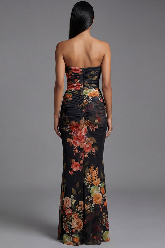 Floral Strapless Mermaid Black Maxi Beach Wedding Guest Dress