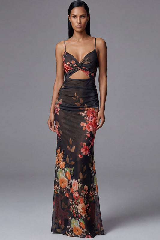 Spaghetti Straps Floral Mermaid Maxi Black Beach Wedding Guest Dress