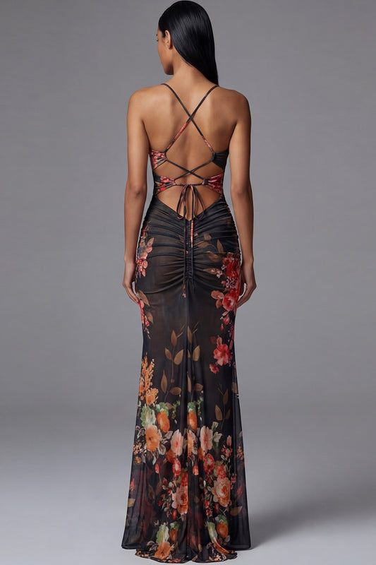 Spaghetti Straps Floral Mermaid Maxi Black Beach Wedding Guest Dress