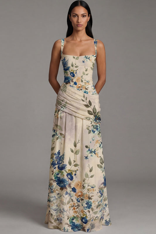 Square Neck A Line Draped Floral Maxi Ivory Beach Wedding Guest Dress
