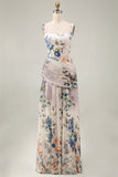 Square Neck A Line Draped Floral Maxi Ivory Beach Wedding Guest Dress