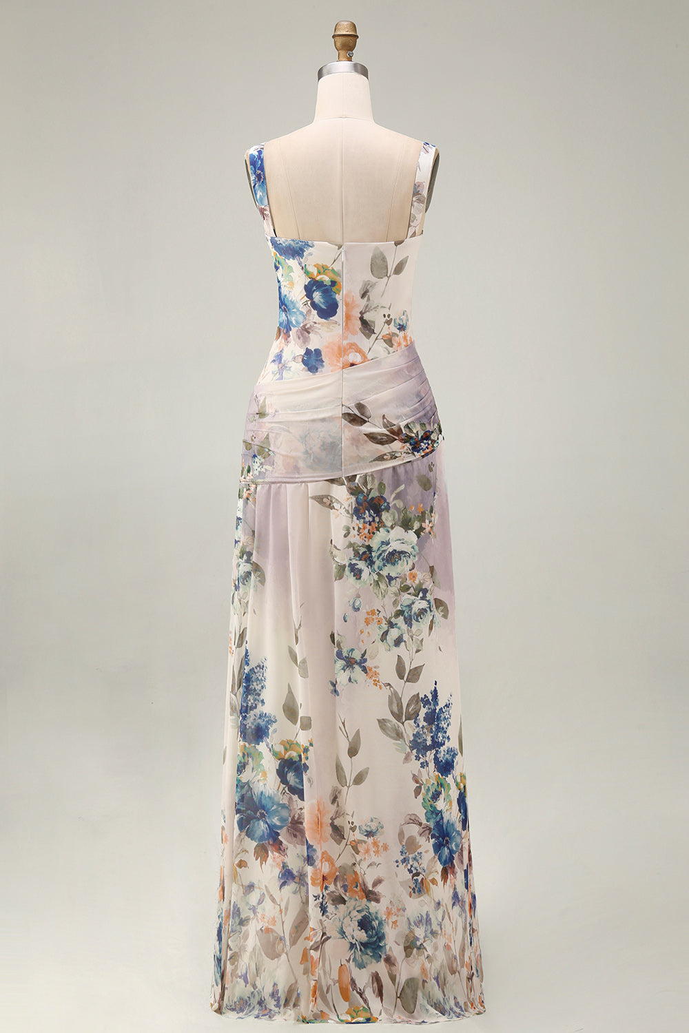 Square Neck A Line Draped Floral Maxi Ivory Beach Wedding Guest Dress