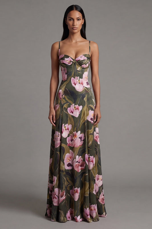 Olive A Line Spaghetti Straps Floral Maxi Beach Wedding Guest Dress