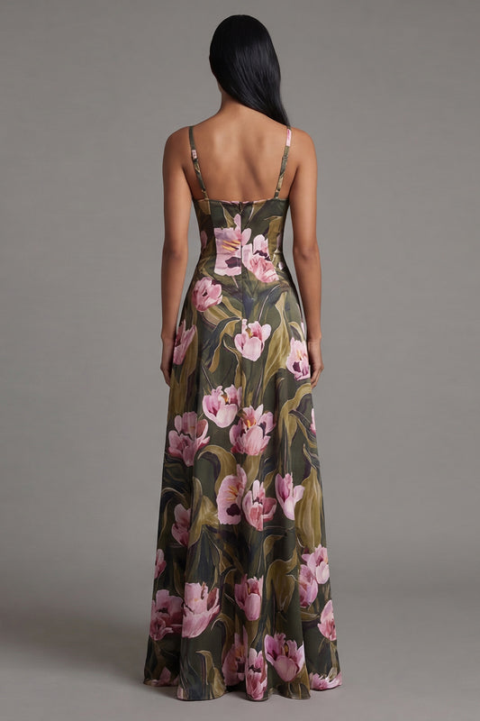 Olive A Line Spaghetti Straps Floral Maxi Beach Wedding Guest Dress