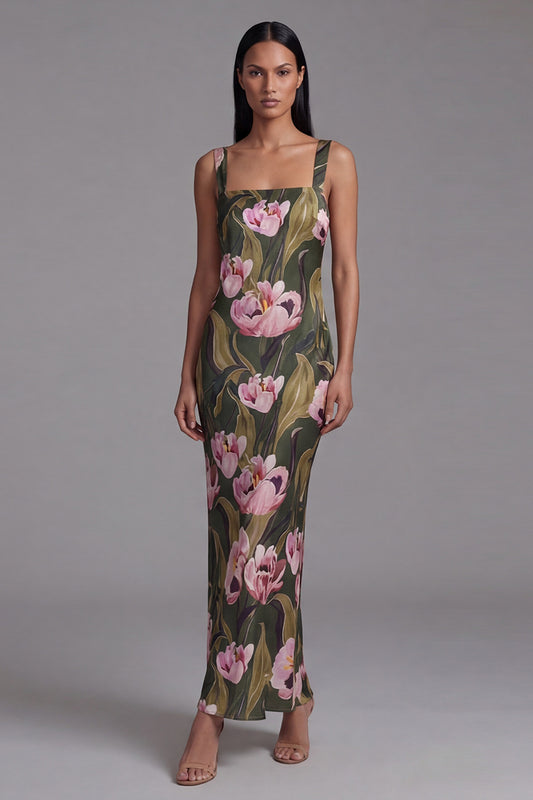 Sheath Olive Floral Maxi Square Neck Beach Wedding Guest Dress