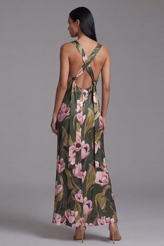 Sheath Olive Floral Maxi Square Neck Beach Wedding Guest Dress