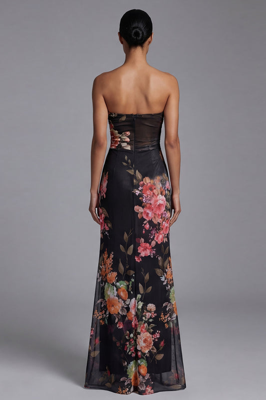 Maxi Mermaid Black Floral Strapless Beach Wedding Guest Dress
