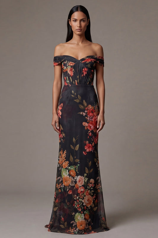 Mermaid Floral Maxi Black Beach Wedding Guest Dress with Pleats
