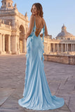 Sky Blue Spaghetti Straps Ruched Mermaid Long Prom Dress with Ruffles