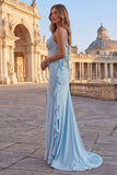 Beaded Long Sky Blue Spaghetti Straps Mermaid Prom Dress with Ruffles
