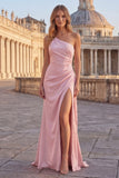 Long Pink Ruched One Shoulder Mermaid Prom Dress with Slit