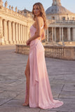 Long Pink Ruched One Shoulder Mermaid Prom Dress with Slit