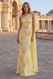 Yellow Appliqued Mermaid Long Prom Dress with Side Cape