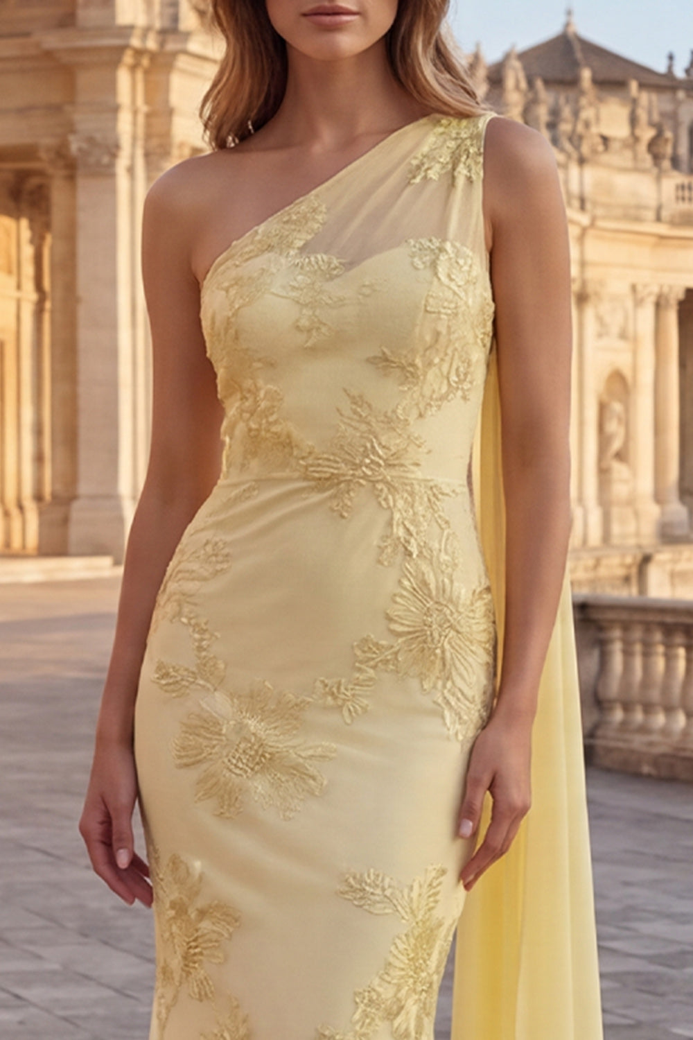 Yellow Appliqued Mermaid Long Prom Dress with Side Cape