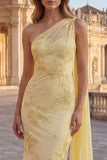 Yellow Appliqued Mermaid Long Prom Dress with Side Cape