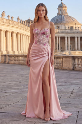Pink Sheath Floral Corset Ruched Long Prom Dress with Side Cape