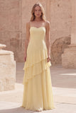 Yellow A Line Spaghetti Straps Long Prom Dress with Ruffles