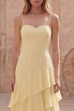 Yellow A Line Spaghetti Straps Long Prom Dress with Ruffles