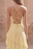 Yellow A Line Spaghetti Straps Long Prom Dress with Ruffles