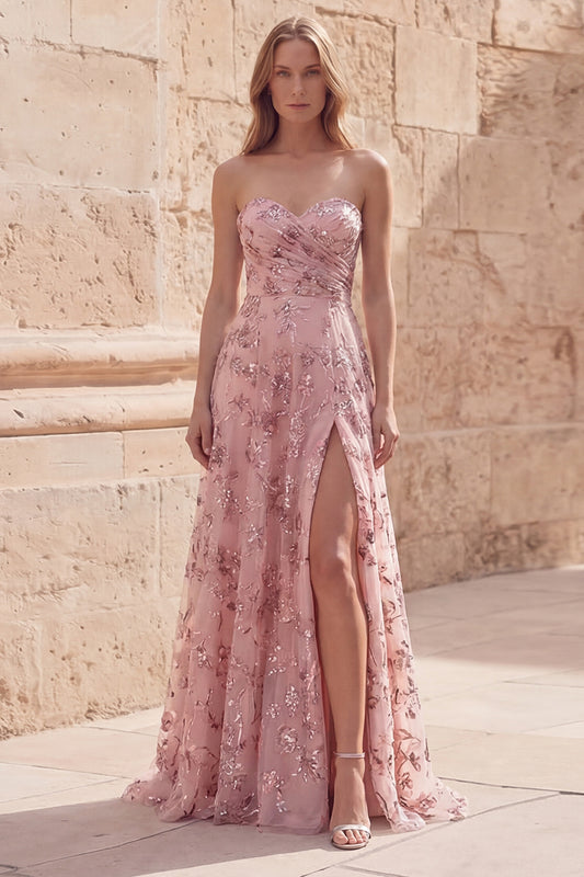 A Line Blush Sequin Long Strapless Prom Dress with Slit