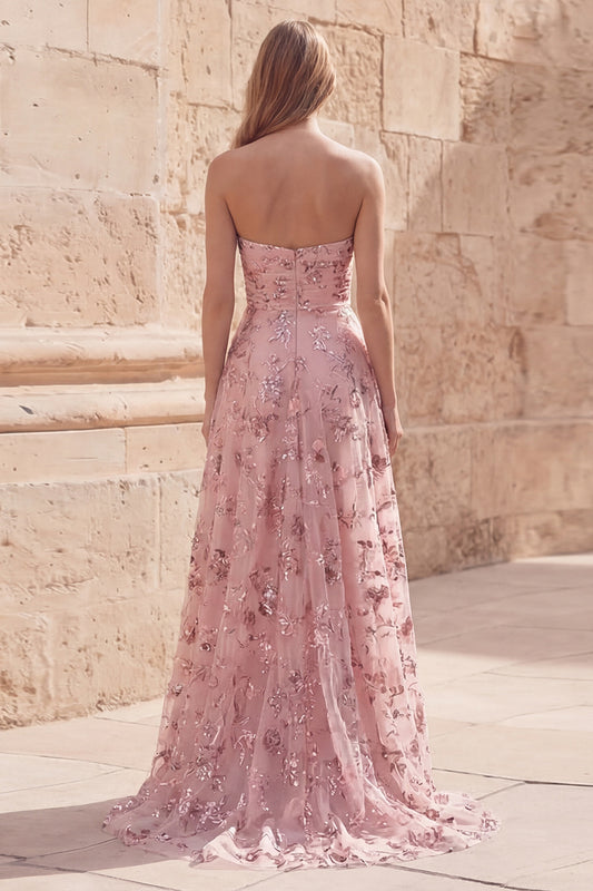 A Line Blush Sequin Long Strapless Prom Dress with Slit