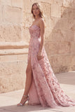A Line Blush Sequin Long Strapless Prom Dress with Slit