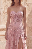 A Line Blush Sequin Long Strapless Prom Dress with Slit