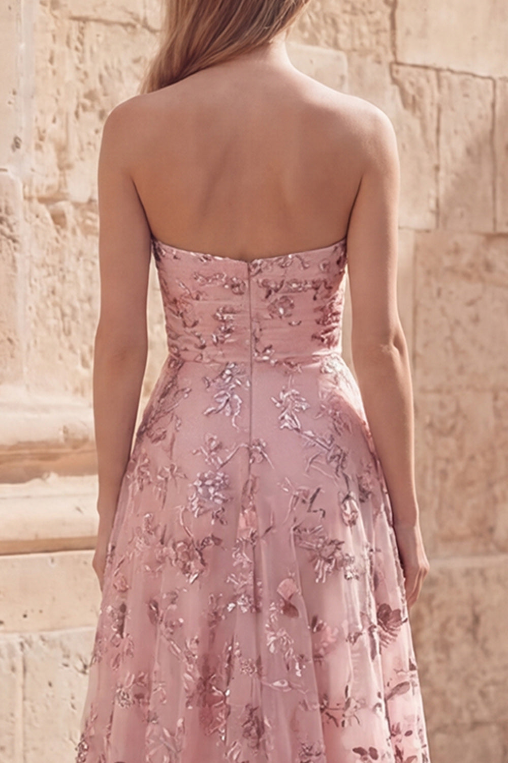 A Line Blush Sequin Long Strapless Prom Dress with Slit