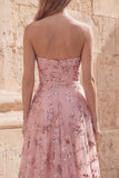 A Line Blush Sequin Long Strapless Prom Dress with Slit