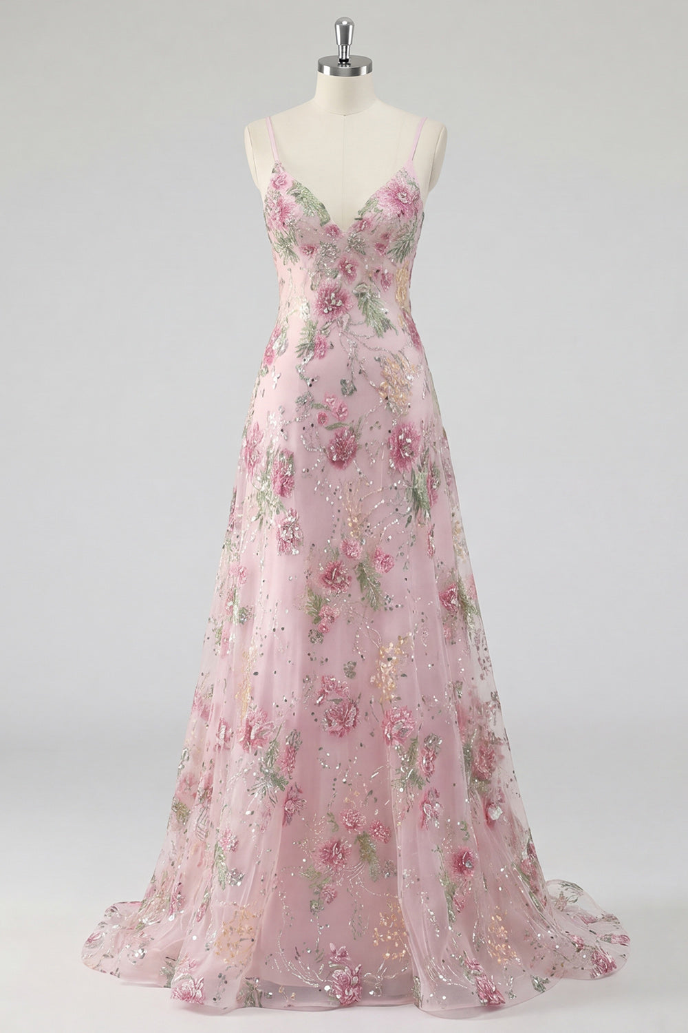 Floral A Line Spaghetti Straps Long Sparkly Pink Sequin Prom Dress