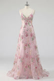 Floral A Line Spaghetti Straps Long Sparkly Pink Sequin Prom Dress