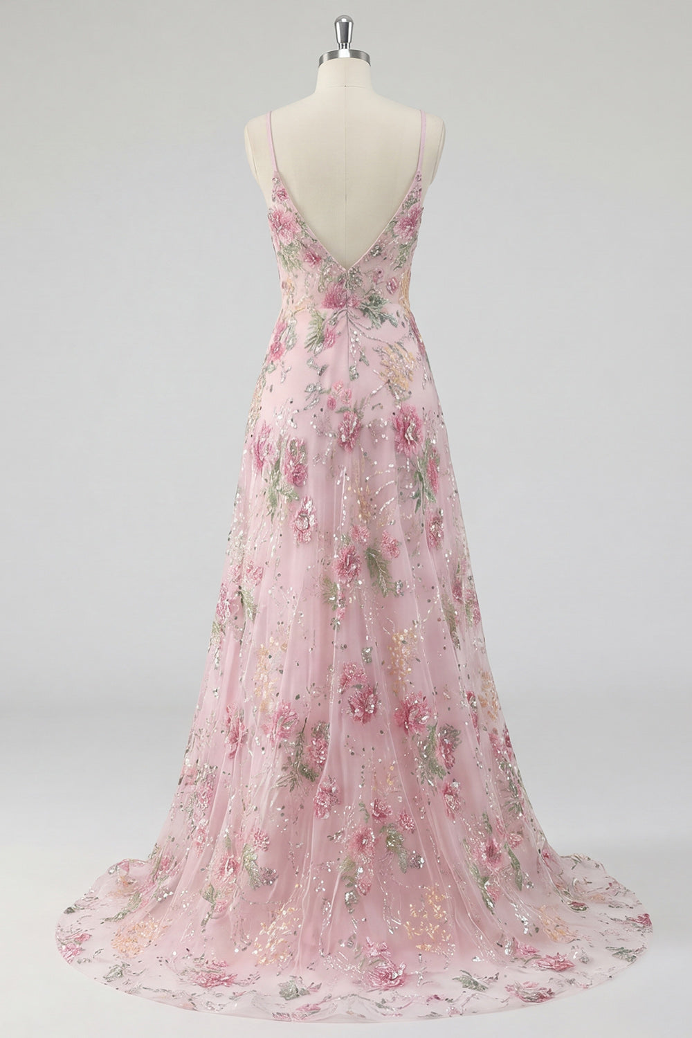Floral A Line Spaghetti Straps Long Sparkly Pink Sequin Prom Dress