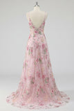 Floral A Line Spaghetti Straps Long Sparkly Pink Sequin Prom Dress