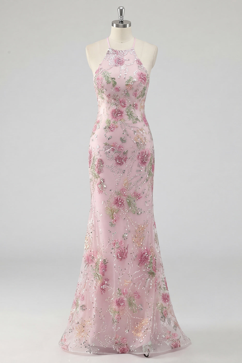 Mermaid Long Sparkly Pink Sequin Floral Prom Dress