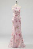 Mermaid Long Sparkly Pink Sequin Floral Prom Dress