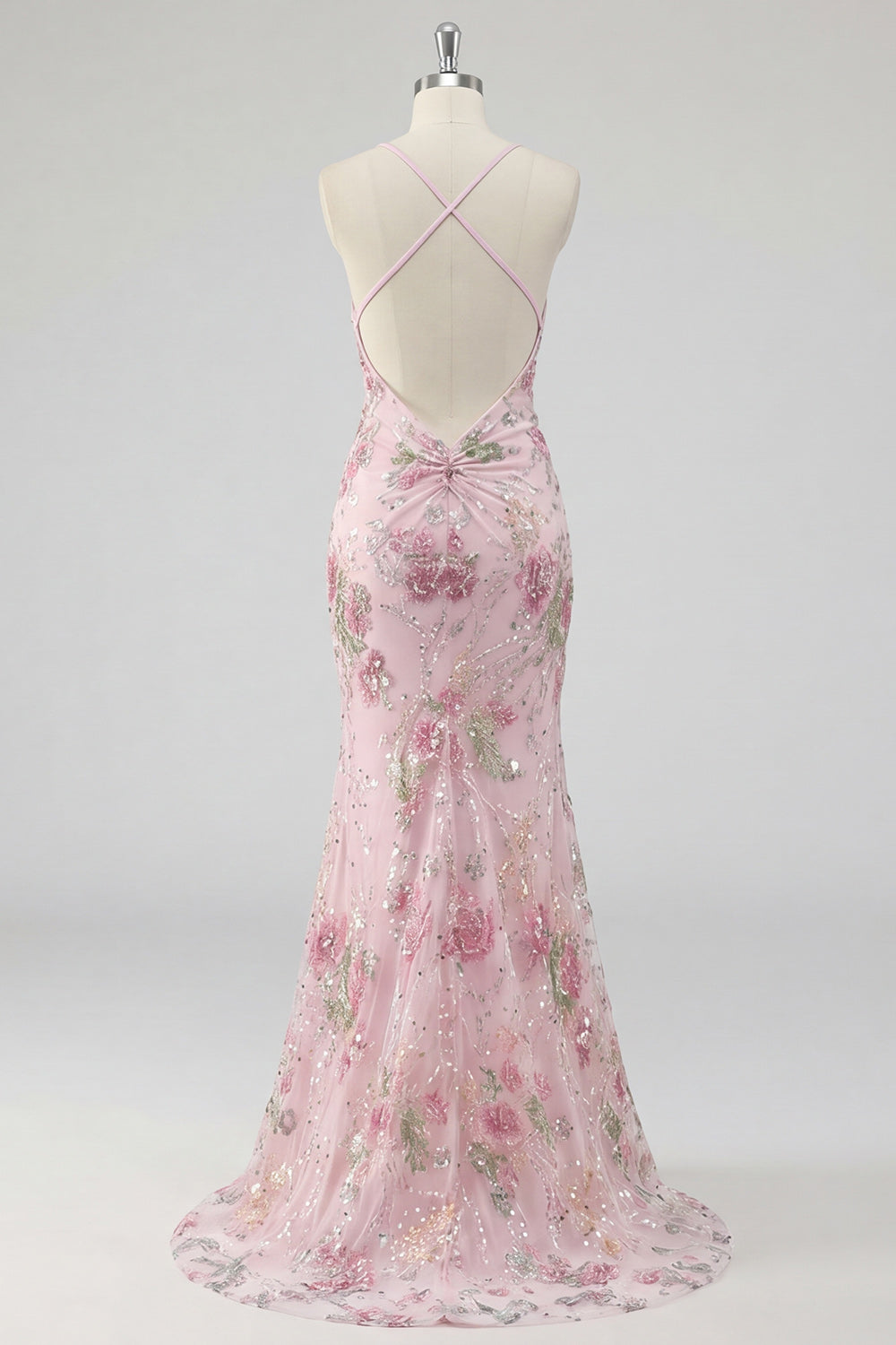 Mermaid Long Sparkly Pink Sequin Floral Prom Dress